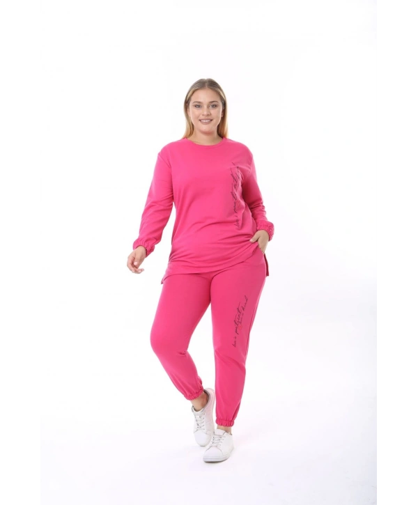 Kadın Büyük Beden Yazılı Uzun Kol Kol Paça Lastikli İkiiplik Takım