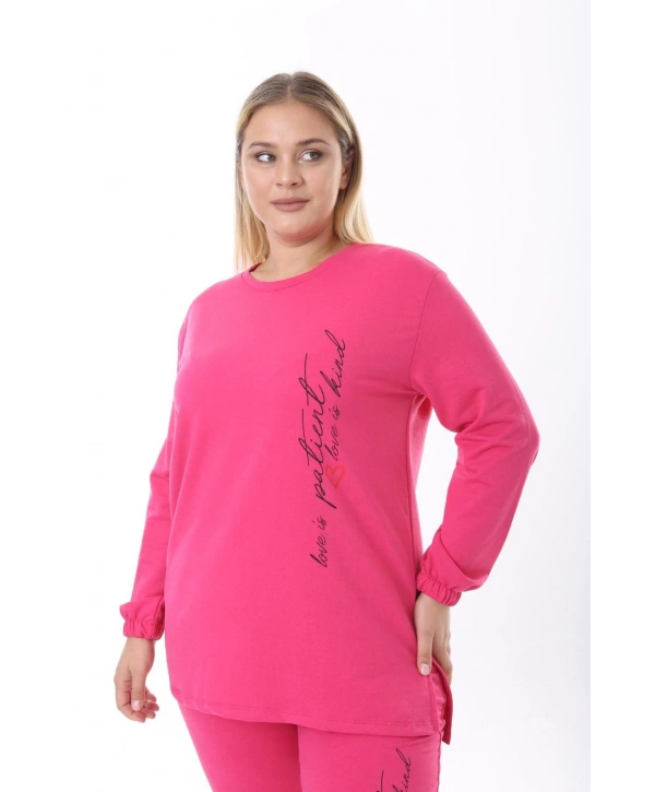 Kadın Büyük Beden Yazılı Uzun Kol Kol Paça Lastikli İkiiplik Takım