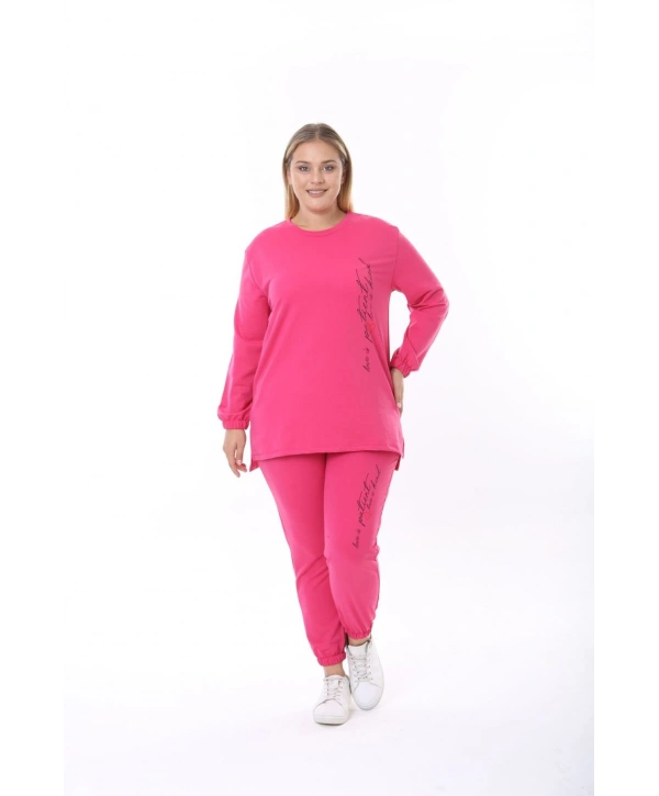 Kadın Büyük Beden Yazılı Uzun Kol Kol Paça Lastikli İkiiplik Takım