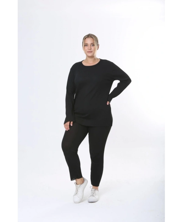 Büyük Beden Uzun Kollu Yüksek Bel Beli Lastikli Yırtmaçlı Pijama Takım