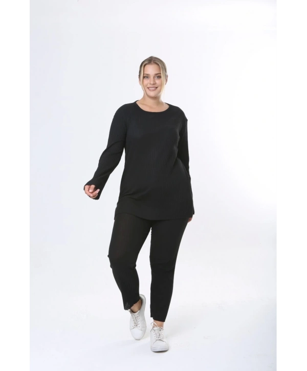 Büyük Beden Uzun Kollu Yüksek Bel Beli Lastikli Yırtmaçlı Pijama Takım