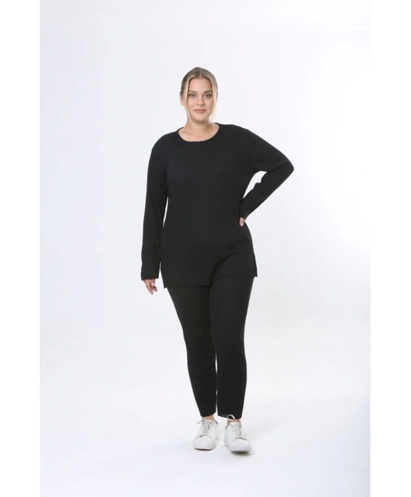 Büyük Beden Uzun Kollu Yüksek Bel Beli Lastikli Yırtmaçlı Pijama Takım