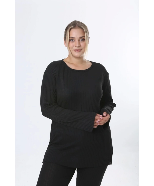 Büyük Beden Uzun Kollu Yüksek Bel Beli Lastikli Yırtmaçlı Pijama Takım