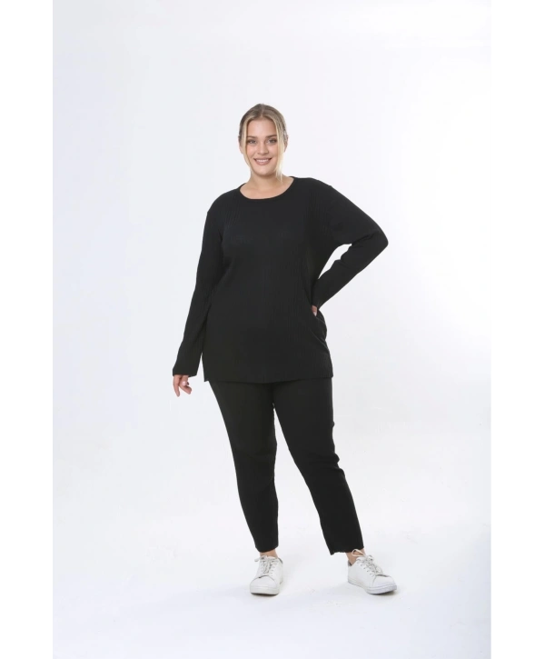 Büyük Beden Uzun Kollu Yüksek Bel Beli Lastikli Yırtmaçlı Pijama Takım