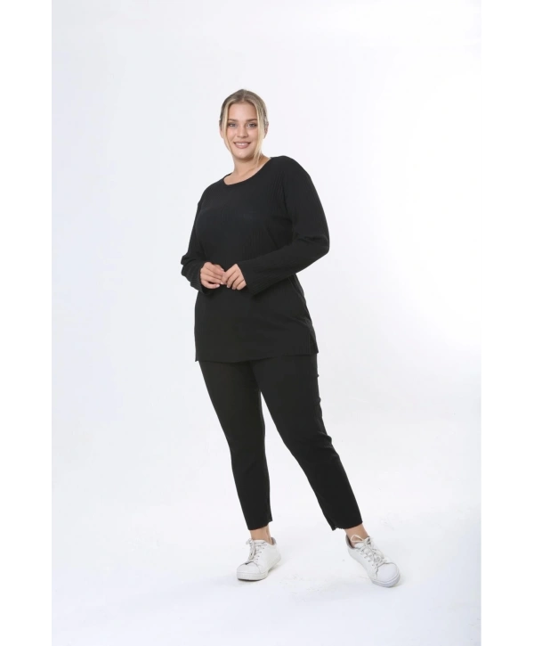 Büyük Beden Uzun Kollu Yüksek Bel Beli Lastikli Yırtmaçlı Pijama Takım