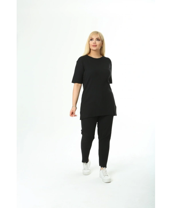 Kadın Kısa Kollu Beli Lastikli Yırtmaçlı Rahat Kalıp İkili Pijama Takım