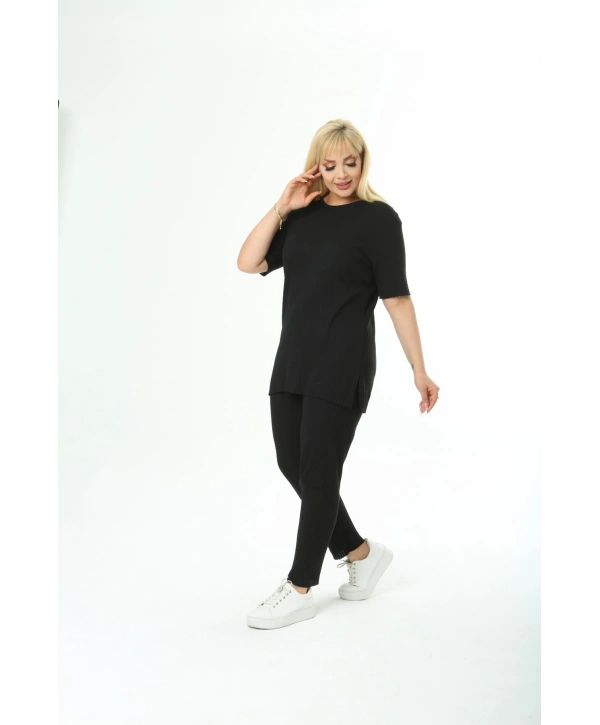 Kadın Kısa Kollu Beli Lastikli Yırtmaçlı Rahat Kalıp İkili Pijama Takım