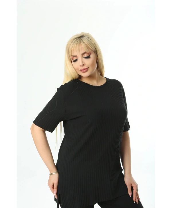 Kadın Kısa Kollu Beli Lastikli Yırtmaçlı Rahat Kalıp İkili Pijama Takım