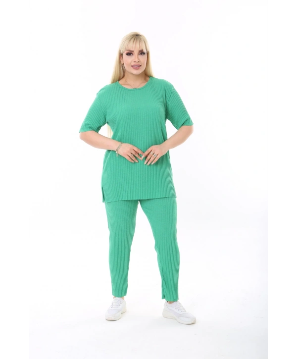 Kadın Kısa Kollu Beli Lastikli Yırtmaçlı Rahat Kalıp Ikili Kaşkorse Takım