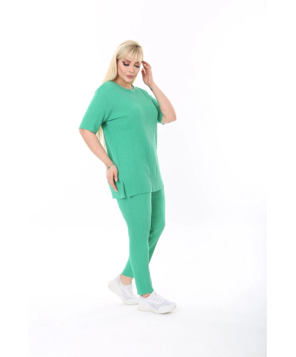 Kadın Kısa Kollu Beli Lastikli Yırtmaçlı Rahat Kalıp Ikili Kaşkorse Takım