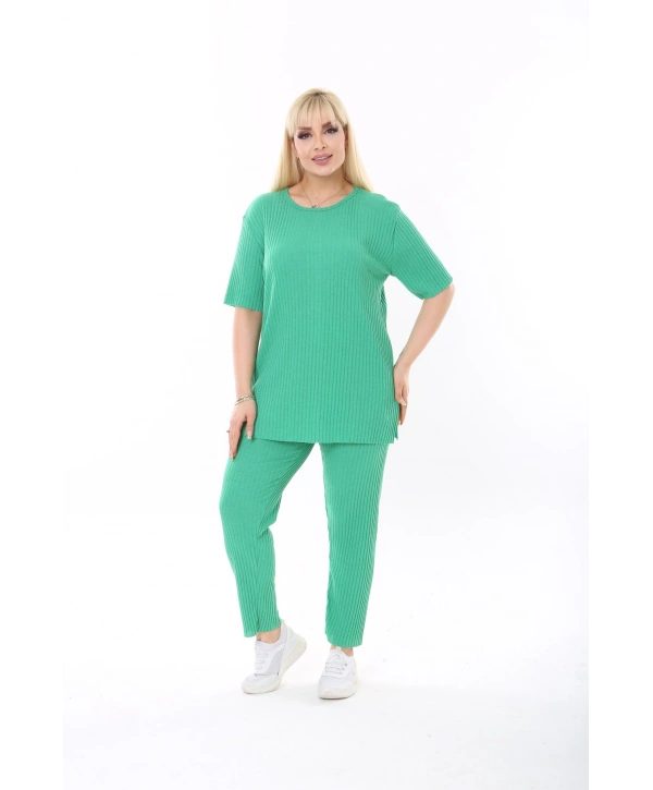 Kadın Kısa Kollu Beli Lastikli Yırtmaçlı Rahat Kalıp Ikili Kaşkorse Takım