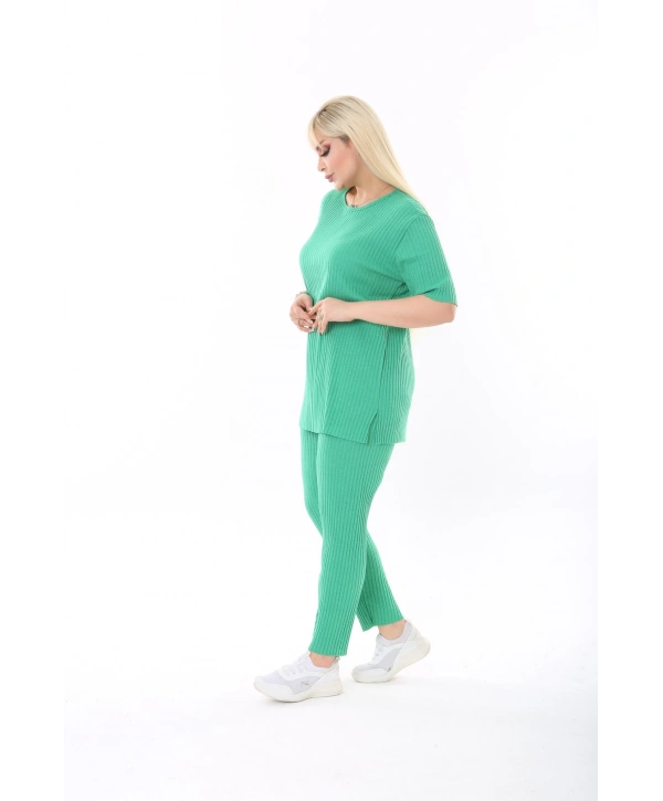 Kadın Kısa Kollu Beli Lastikli Yırtmaçlı Rahat Kalıp Ikili Kaşkorse Takım