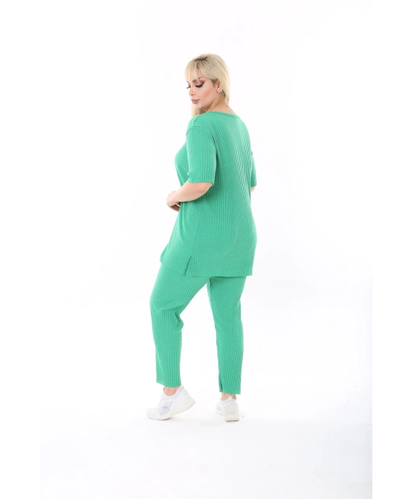 Kadın Kısa Kollu Beli Lastikli Yırtmaçlı Rahat Kalıp Ikili Kaşkorse Takım