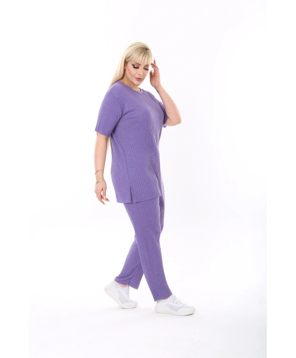 Kadın Kısa Kollu Beli Lastikli Yırtmaçlı Rahat Kalıp Ikili Kaşkorse Takım