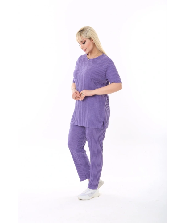 Kadın Kısa Kollu Beli Lastikli Yırtmaçlı Rahat Kalıp Ikili Kaşkorse Takım