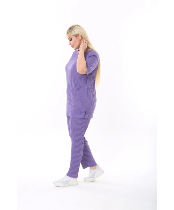 Kadın Kısa Kollu Beli Lastikli Yırtmaçlı Rahat Kalıp Ikili Kaşkorse Takım