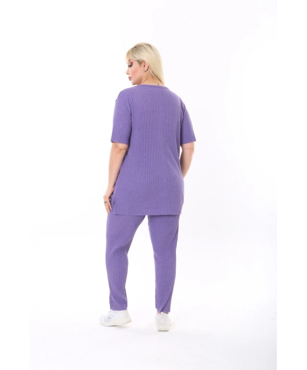 Kadın Kısa Kollu Beli Lastikli Yırtmaçlı Rahat Kalıp Ikili Kaşkorse Takım