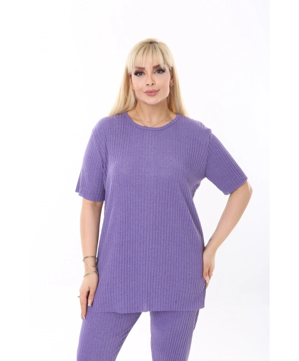 Kadın Kısa Kollu Beli Lastikli Yırtmaçlı Rahat Kalıp Ikili Kaşkorse Takım