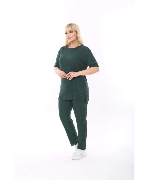 Kadın Kısa Kollu Beli Lastikli Yırtmaçlı Rahat Kalıp Ikili Kaşkorse Takım