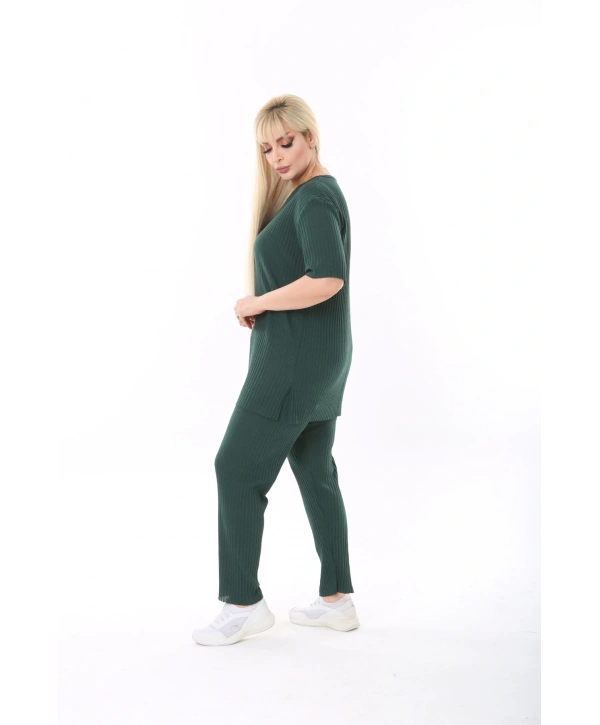 Kadın Kısa Kollu Beli Lastikli Yırtmaçlı Rahat Kalıp Ikili Kaşkorse Takım