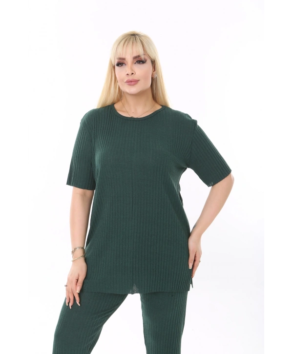 Kadın Kısa Kollu Beli Lastikli Yırtmaçlı Rahat Kalıp Ikili Kaşkorse Takım