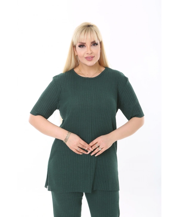 Kadın Kısa Kollu Beli Lastikli Yırtmaçlı Rahat Kalıp Ikili Kaşkorse Takım