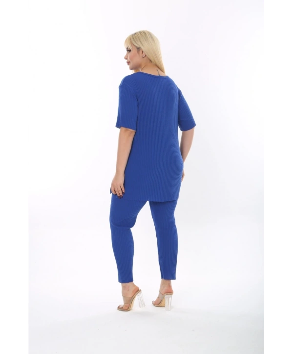 Kadın Kısa Kollu Beli Lastikli Yırtmaçlı Rahat Kalıp Ikili Kaşkorse Takım