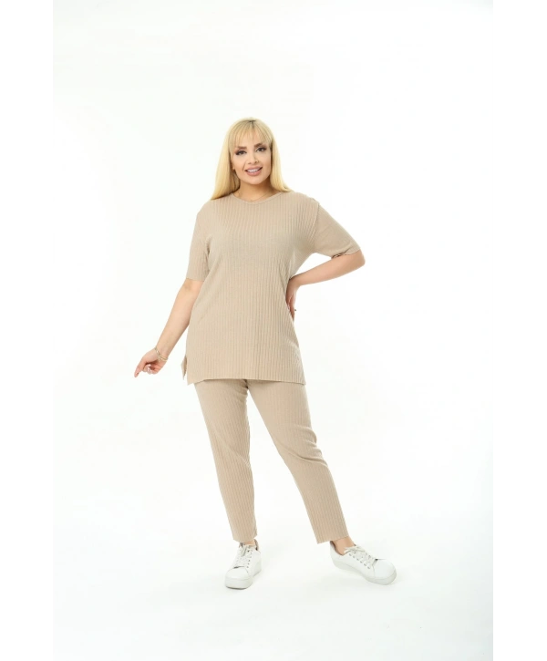 Kadın Kısa Kollu Beli Lastikli Yırtmaçlı Rahat Kalıp Ikili Kaşkorse Takım