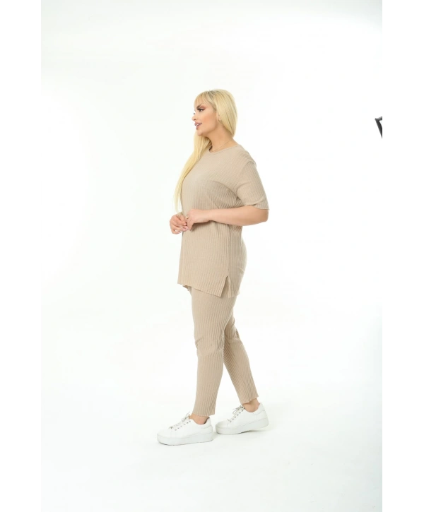 Kadın Kısa Kollu Beli Lastikli Yırtmaçlı Rahat Kalıp Ikili Kaşkorse Takım