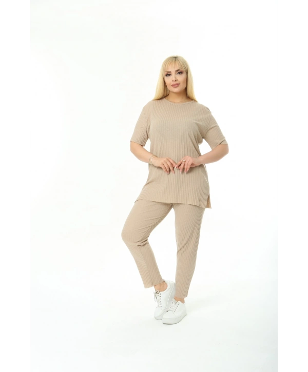 Kadın Kısa Kollu Beli Lastikli Yırtmaçlı Rahat Kalıp Ikili Kaşkorse Takım