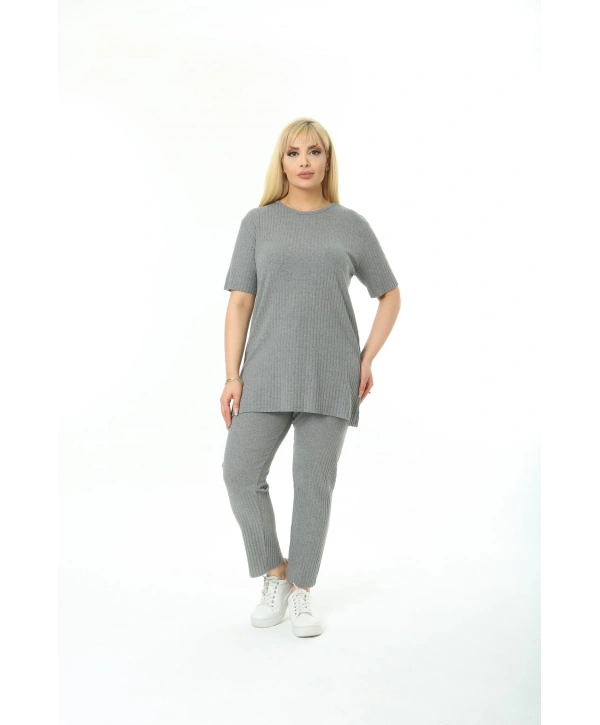 Kadın Kısa Kollu Beli Lastikli Yırtmaçlı Rahat Kalıp Ikili Kaşkorse Takım