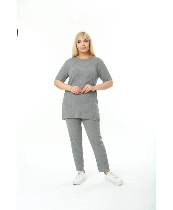 Kadın Kısa Kollu Beli Lastikli Yırtmaçlı Rahat Kalıp Ikili Kaşkorse Takım