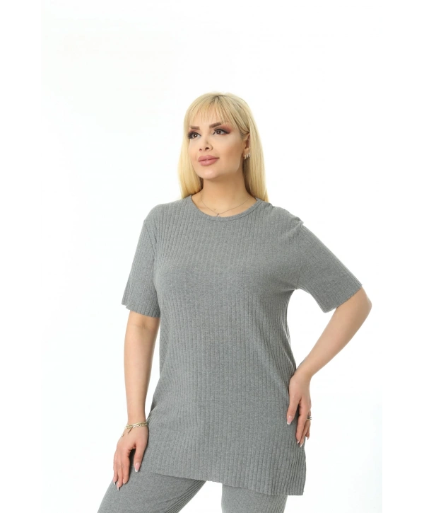 Kadın Kısa Kollu Beli Lastikli Yırtmaçlı Rahat Kalıp Ikili Kaşkorse Takım