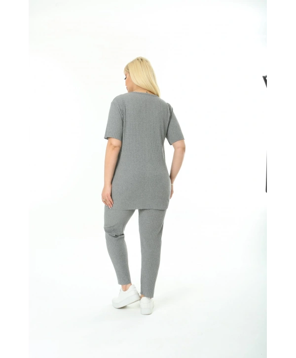 Kadın Kısa Kollu Beli Lastikli Yırtmaçlı Rahat Kalıp Ikili Kaşkorse Takım