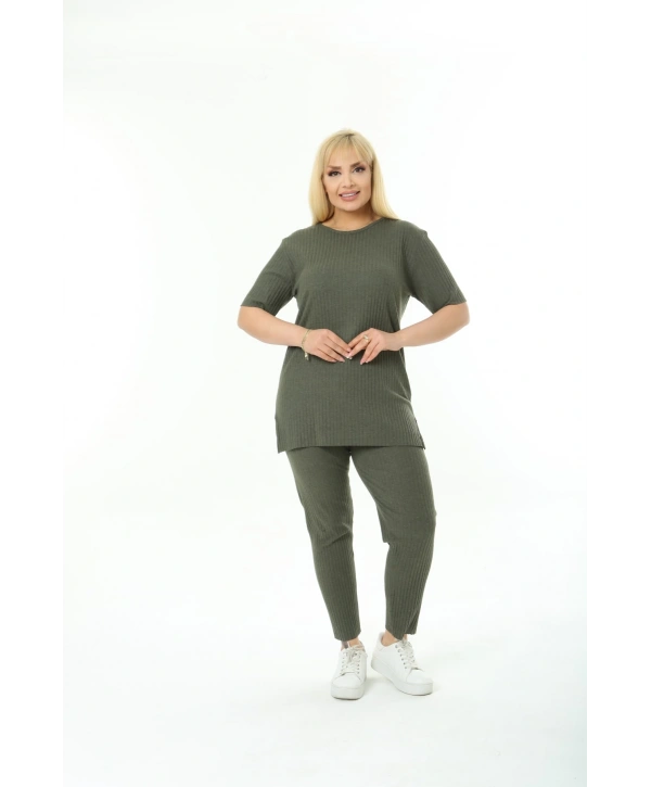 Kadın Kısa Kollu Beli Lastikli Yırtmaçlı Rahat Kalıp İkili Pijama Takım