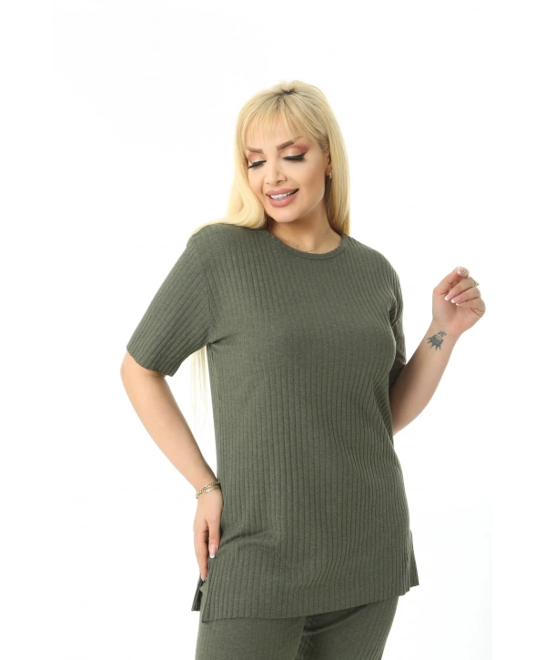 Kadın Kısa Kollu Beli Lastikli Yırtmaçlı Rahat Kalıp İkili Pijama Takım