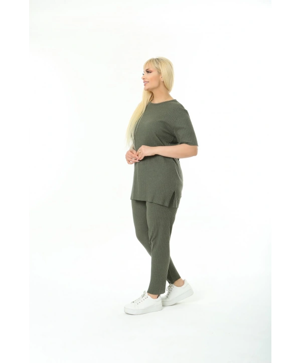 Kadın Kısa Kollu Beli Lastikli Yırtmaçlı Rahat Kalıp İkili Pijama Takım