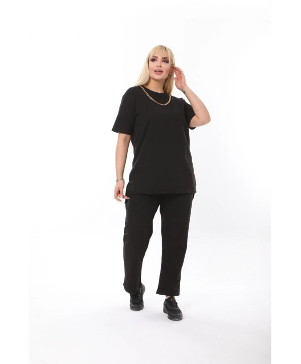 Büyük Beden Yaka Ve Cep Zincir Detaylı Kısa Kollu İkiiplik Takım