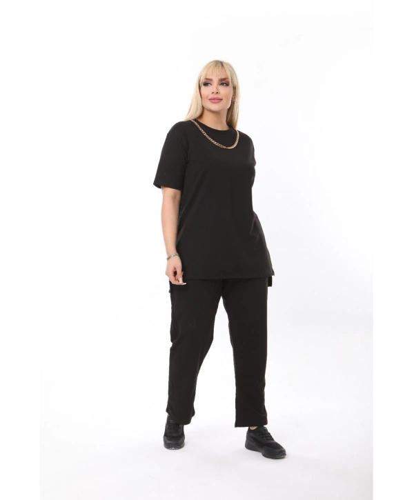 Büyük Beden Yaka Ve Cep Zincir Detaylı Kısa Kollu İkiiplik Takım