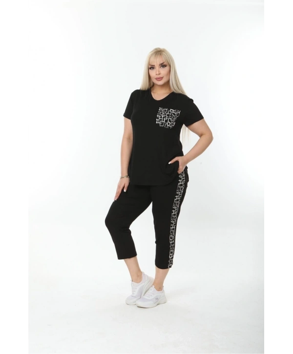 Büyük Beden Siyah Cep Ve Şerit Detaylı Yazlık Kapri Eşofman Takımı