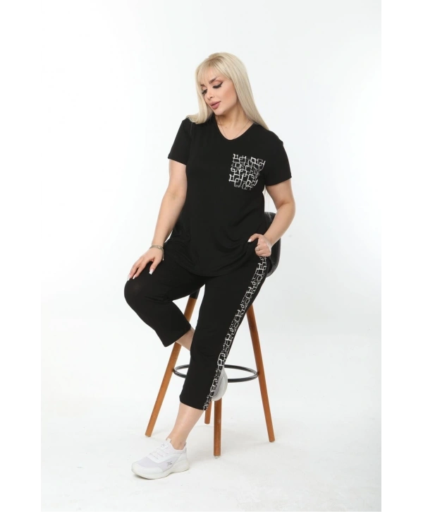 Büyük Beden Siyah Cep Ve Şerit Detaylı Yazlık Kapri Eşofman Takımı