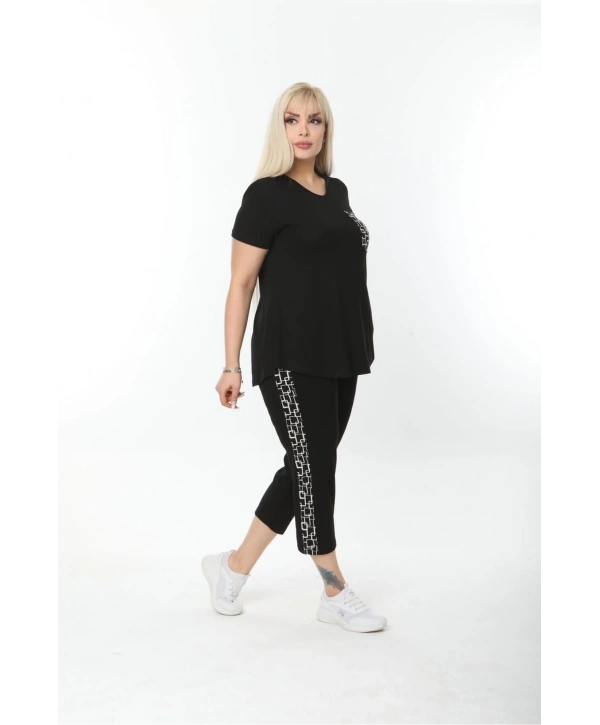 Büyük Beden Siyah Cep Ve Şerit Detaylı Yazlık Kapri Eşofman Takımı