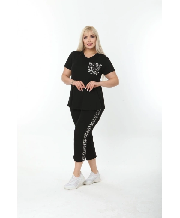 Büyük Beden Siyah Cep Ve Şerit Detaylı Yazlık Kapri Eşofman Takımı