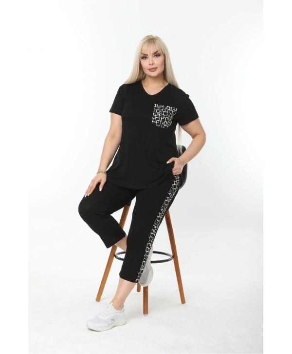 Büyük Beden Siyah Cep Ve Şerit Detaylı Yazlık Kapri Eşofman Takımı