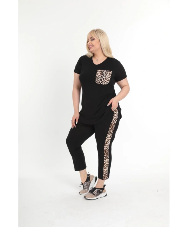 Kadın Büyük Beden Siyah Cep Ve Şerit Leopar Detaylı Yazlık Kapri Eşofman Takımı