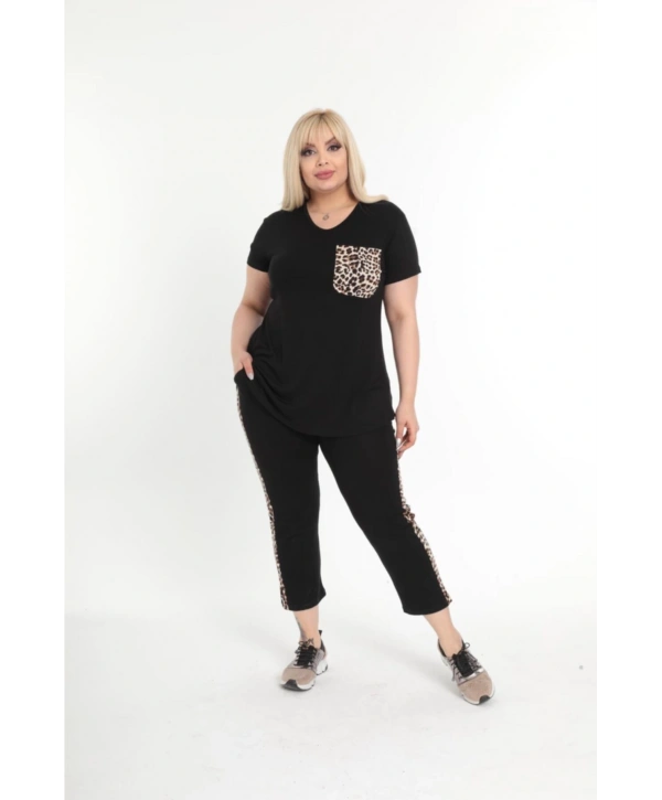 Kadın Büyük Beden Siyah Cep Ve Şerit Leopar Detaylı Yazlık Kapri Eşofman Takımı