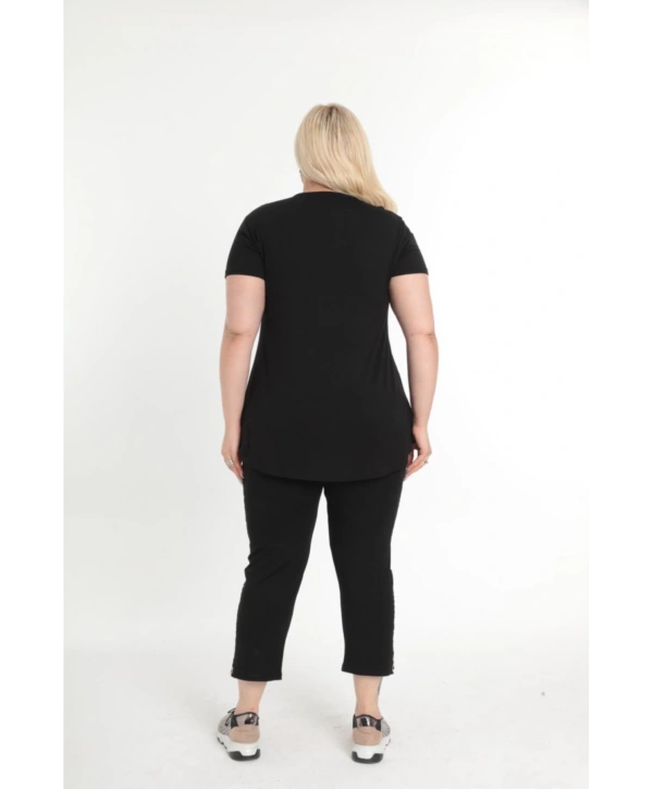 Kadın Büyük Beden Siyah Cep Ve Şerit Leopar Detaylı Yazlık Kapri Eşofman Takımı