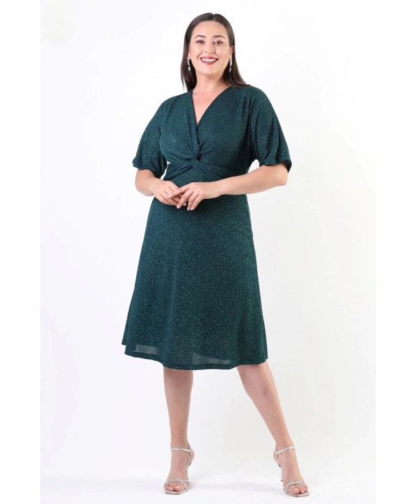 Büyük Beden Kruvaze Yaka Kısa Kolu Midi Boy Astarlı Simli Kumaş Elbise