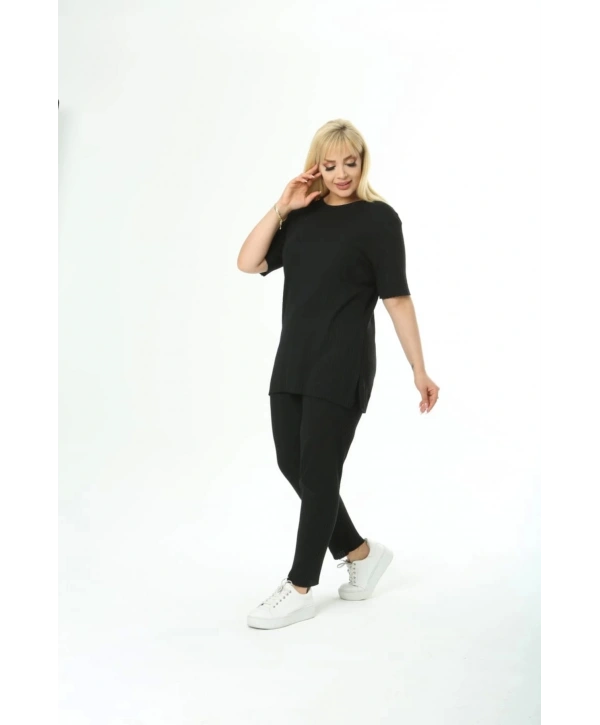 Büyük Battal Beden Kısa Kollu Beli Lastikli Yırtmaçlı Rahat Kalıp İkili Kaşkorse Takım