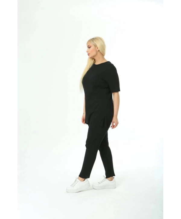 Büyük Battal Beden Kısa Kollu Beli Lastikli Yırtmaçlı Rahat Kalıp İkili Kaşkorse Takım